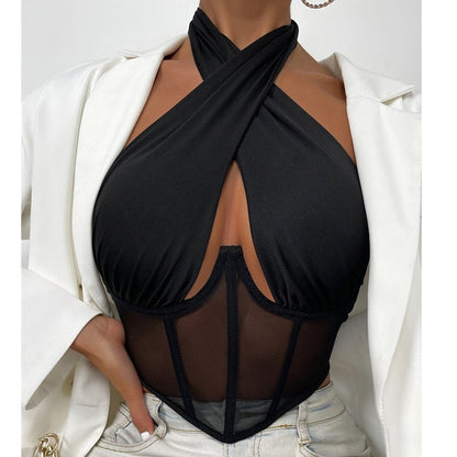 Stylish black cross halter corset top for women, designed for a chic, flattering fit.
