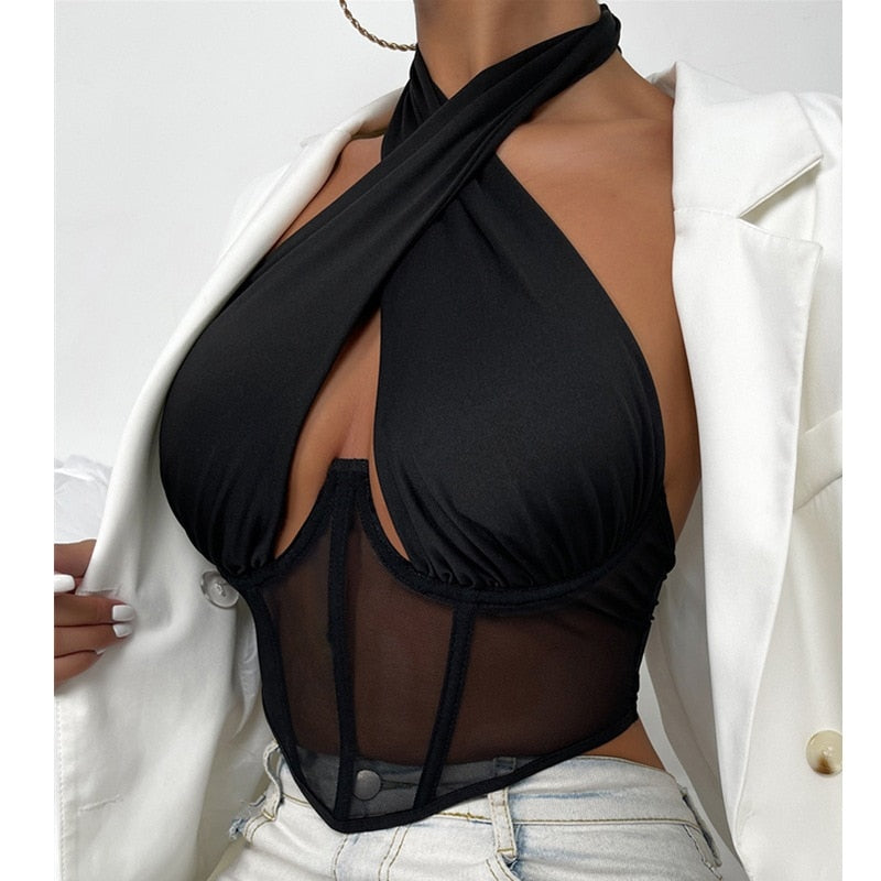 Versatile black women's cross halter top, comfortable corset style for elegant fashion and daily wear.