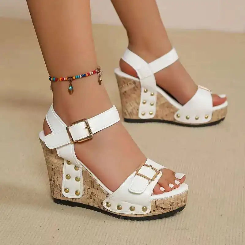 Close-up of the stylish adjustable buckle on comfortable women's orthopedic wedges.