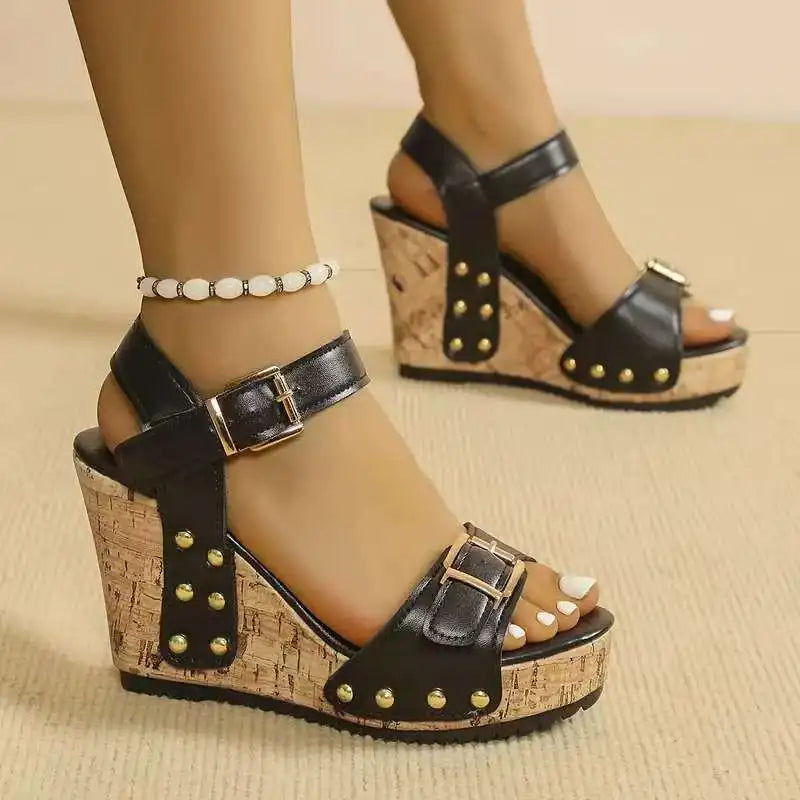 Top view of white women's orthopedic wedges. Stylish & comfortable buckle sandals for summer.