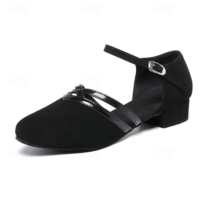 Performance-ready black dance shoes for women, ideal for Latin, ballroom, and jazz, with supportive ankle strap.