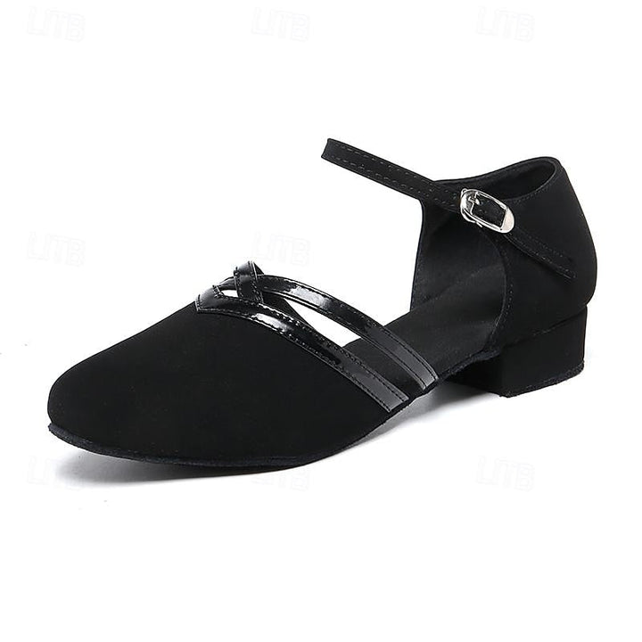 Performance-ready black dance shoes for women, ideal for Latin, ballroom, and jazz, with supportive ankle strap.