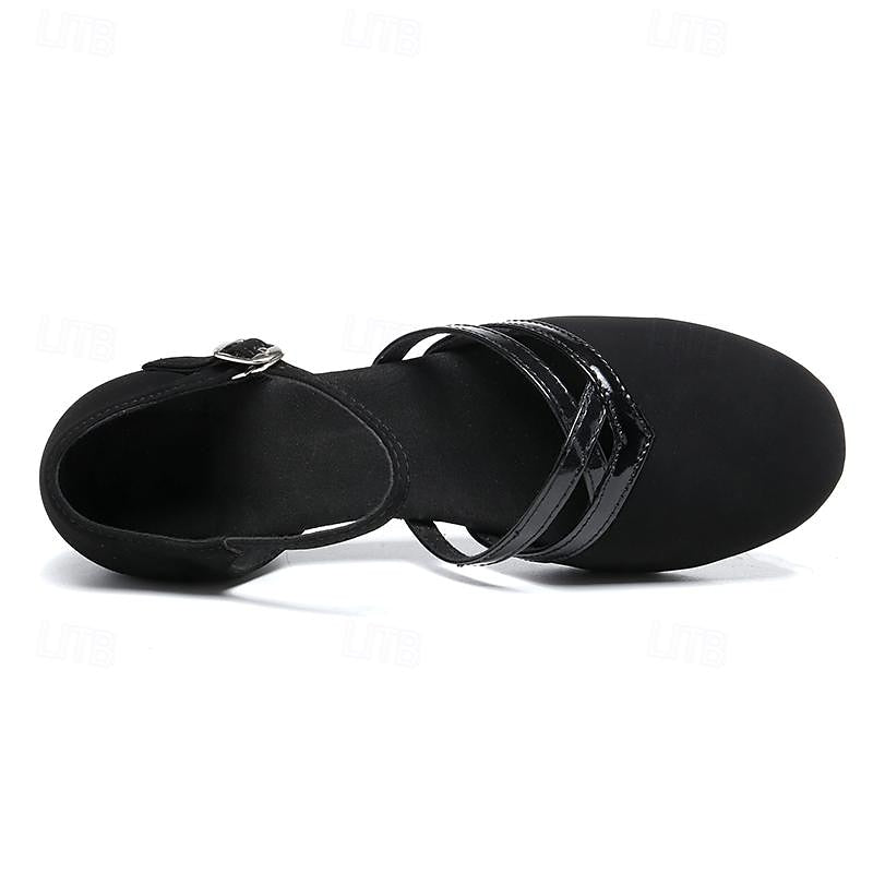 Professional black women's dance shoes for studio & stage, designed for comfort & elegant movement with block heel.