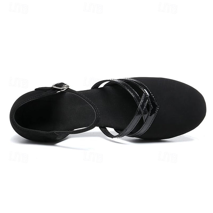 Professional black women's dance shoes for studio & stage, designed for comfort & elegant movement with block heel.
