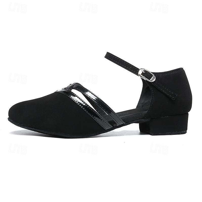 Women's black dance shoes with block heel & ankle strap, perfect for elegant Latin & ballroom dancing.
