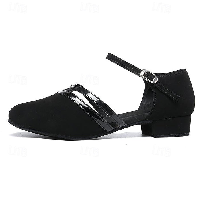 Women's black dance shoes with block heel & ankle strap, perfect for elegant Latin & ballroom dancing.
