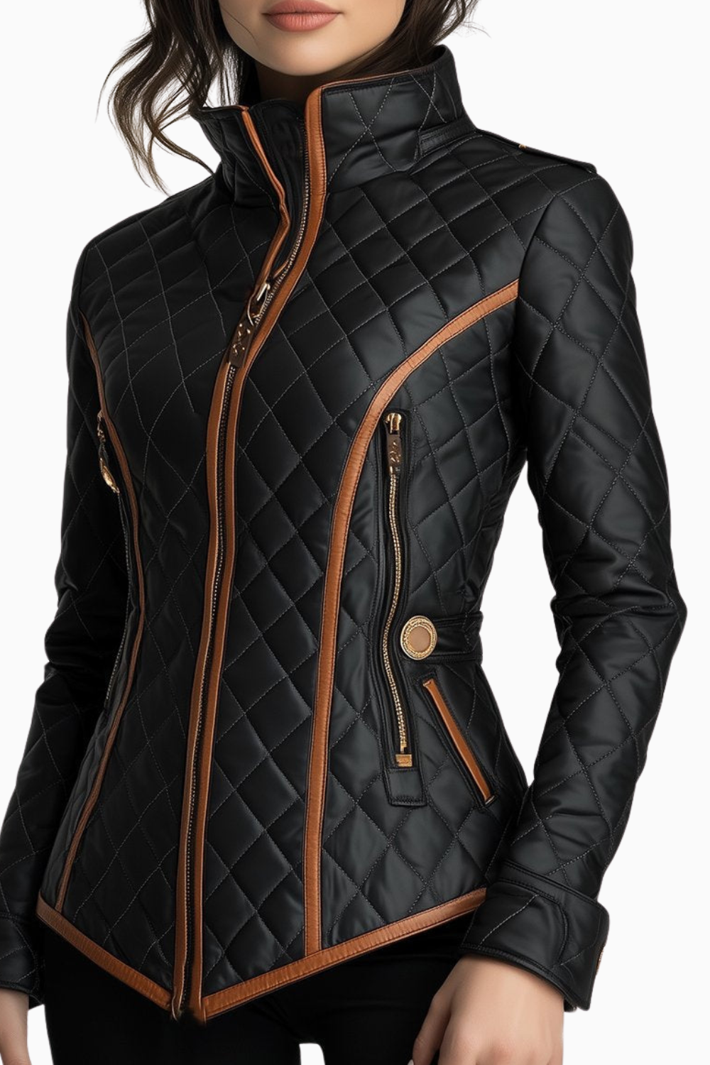 Black women's diamond-quilted padded jacket with a stand collar, perfect for fall and winter outerwear.