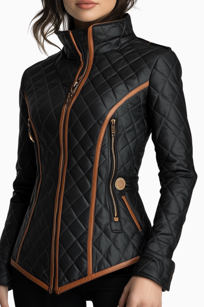 Black women's diamond-quilted padded jacket with a stand collar, perfect for fall and winter outerwear.