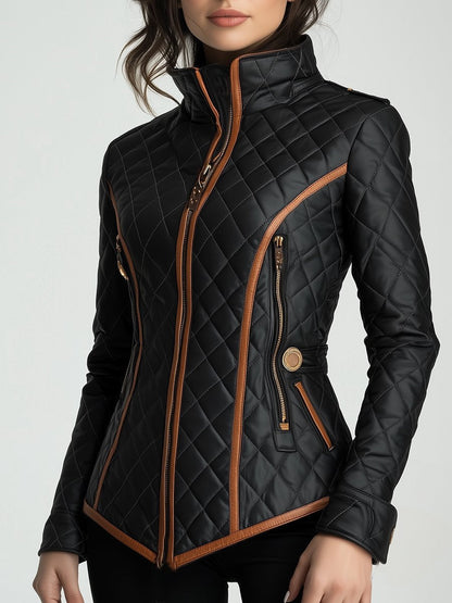 Stylish women's padded jacket featuring elegant diamond quilting and a warm stand collar for winter fashion.