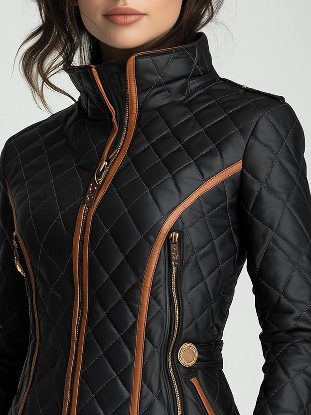 Tailored black women's quilted jacket with a stand collar, offering a sleek look for everyday fall and winter wear.