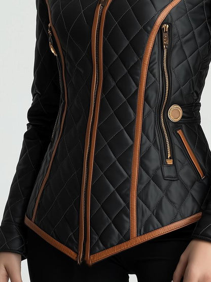 Elegant women's black padded jacket with diamond quilting and a stand collar, ideal for chilly fall and winter days.