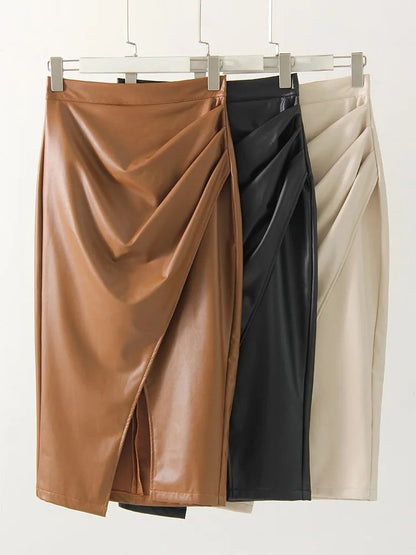 Women's chic sculpted wrap midi skirt, offering an elegant and sophisticated look for various occasions.
