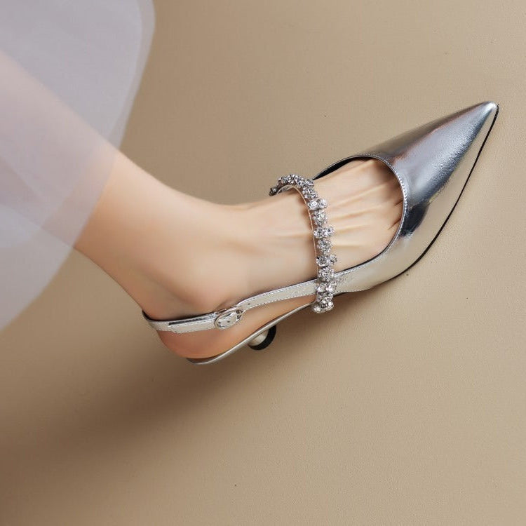 Black women's pointed toe slingback heels with sparkling crystal strap. Perfect for formal and evening parties.