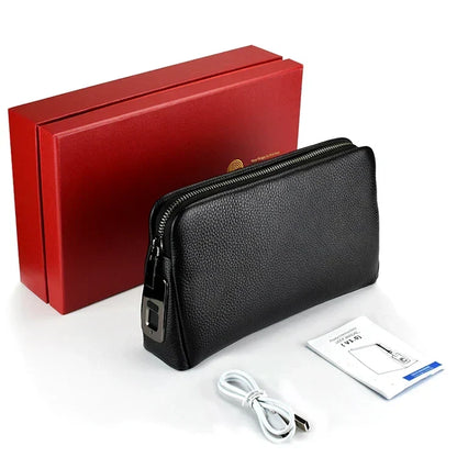 Premium blackish-blue men's leather anti-theft clutch, a modern accessory with fingerprint security.
