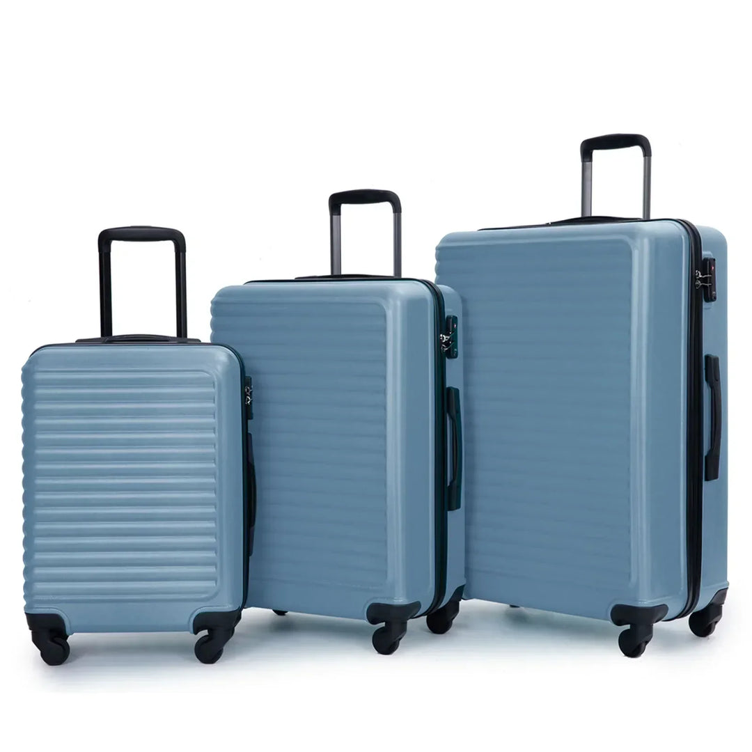 Durable blue ABS hardshell 3-piece luggage set. Includes carry-on & checked suitcases with spinner wheels.