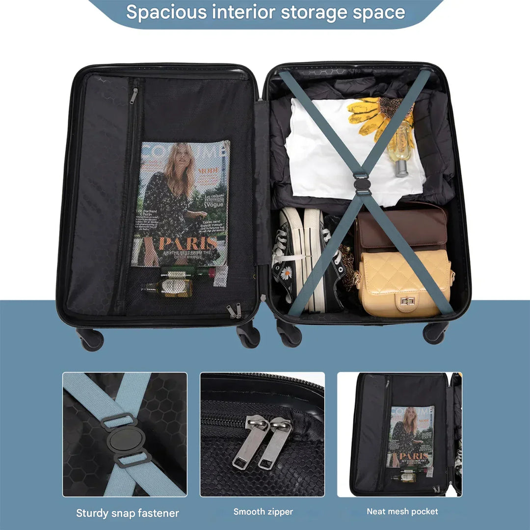 Complete 3-piece blue hardshell travel luggage set. Sturdy ABS suitcases with smooth spinner wheels for easy travel.