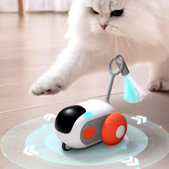 Automatic interactive cat toy in blue and orange, designed for feline fun and pet entertainment.