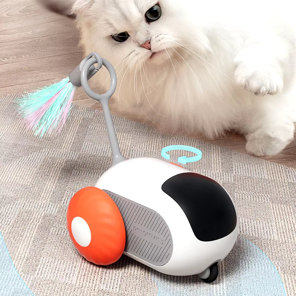 Rechargeable automatic cat toy, blue and orange, offering interactive chase play for happy felines.