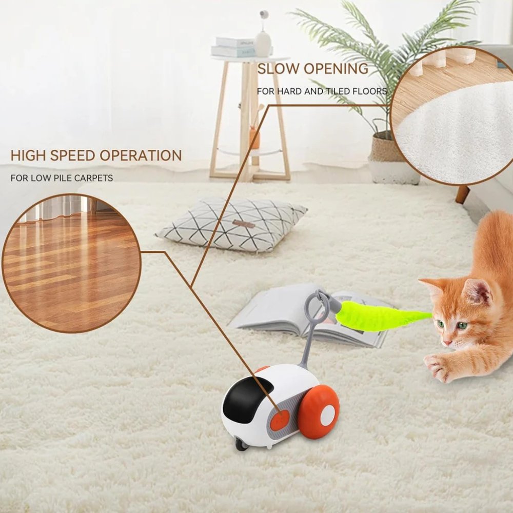 Automatic pet entertainment device: a blue & orange interactive chase toy for happy indoor cats.