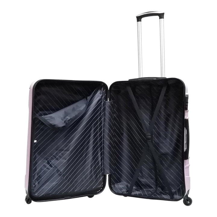 Blue 2-piece ABS spinner luggage set. Durable hardshell suitcases with removable wheels for travel.