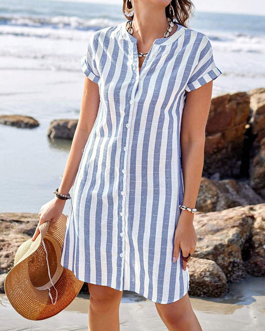 Blue women's elegant striped v-neck shirt dress with long sleeves for versatile everyday style.