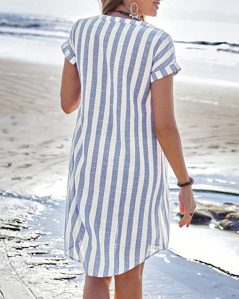 Chic women's striped shirt dress with a v-neck, long sleeves, perfect for elegant or casual versatile fashion.