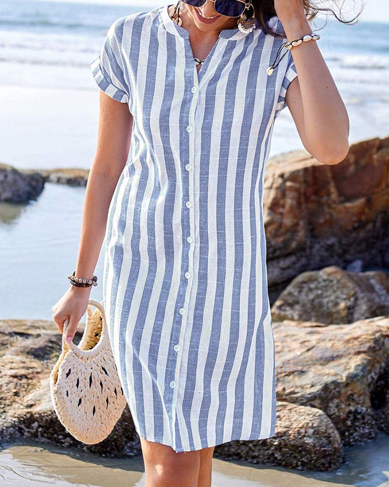 Versatile women's elegant striped shirt dress with long sleeves & a v-neck, great for everyday or chic occasions.