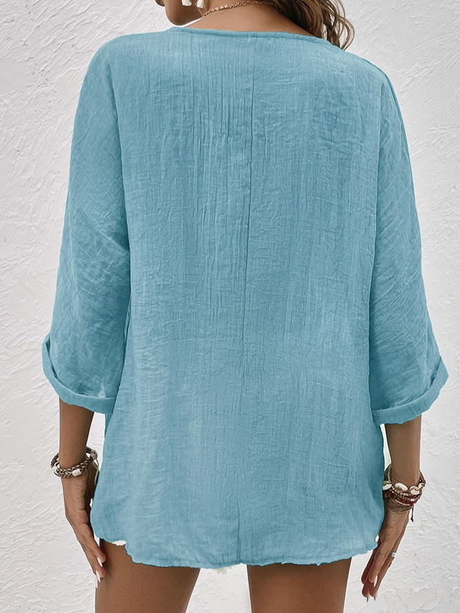 Gray ladies' V-neck long sleeve shirt with button-down front, perfect relaxed fit for summer fashion.