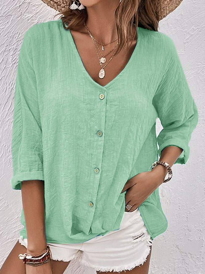 Fashionable ladies' V-neck long sleeve button-down shirt, a perfect versatile casual top.