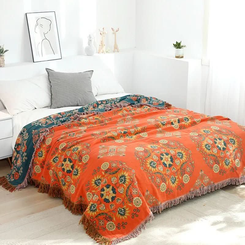 Bohemian cotton throw blanket in a cozy living room, perfect for hygge style home decor. Soft and decorative.