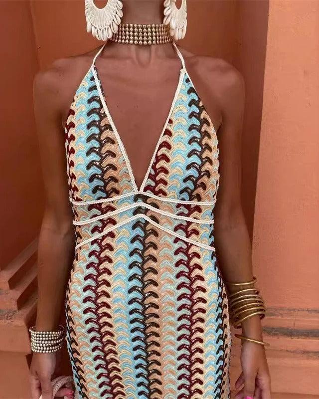 Stunning boho printed V-neck open back maxi dress for women, an elegant choice for summer weddings & parties.