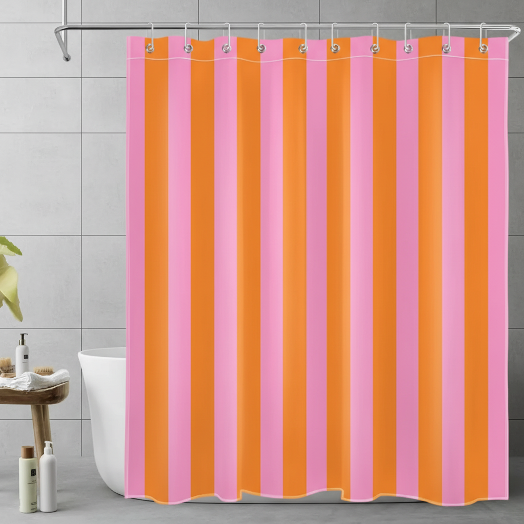 Boho striped fabric shower curtain, water repellent bathroom decor with colorful modern design.