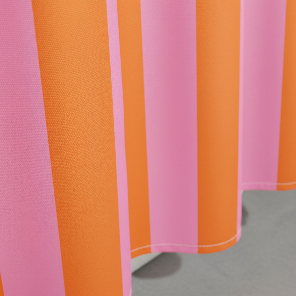 Colorful striped fabric shower curtain, bohemian bathroom accent, water repellent for modern homes.