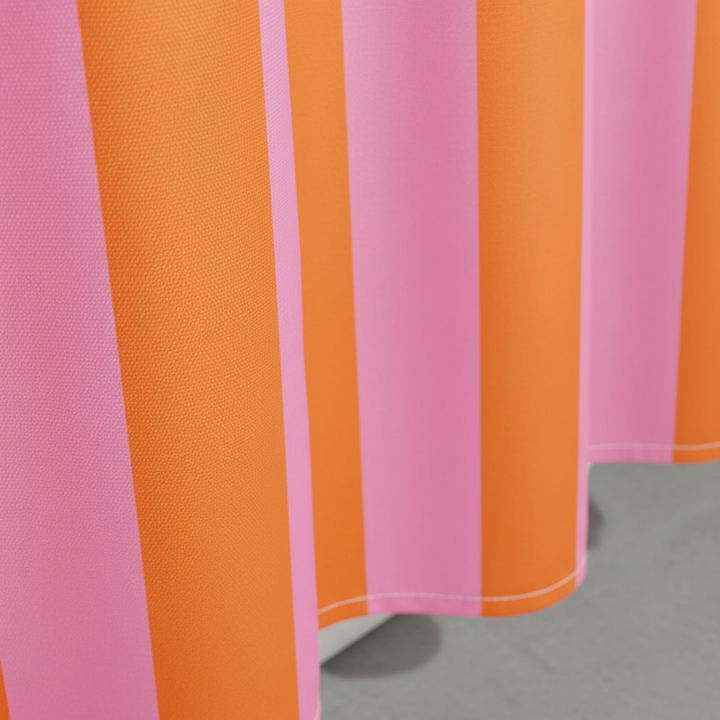 Colorful striped fabric shower curtain, bohemian bathroom accent, water repellent for modern homes.
