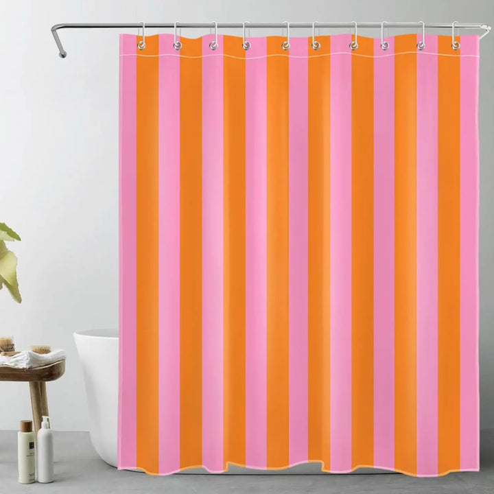 Modern boho striped shower curtain, fabric, water repellent, perfect for stylish bathroom decor.