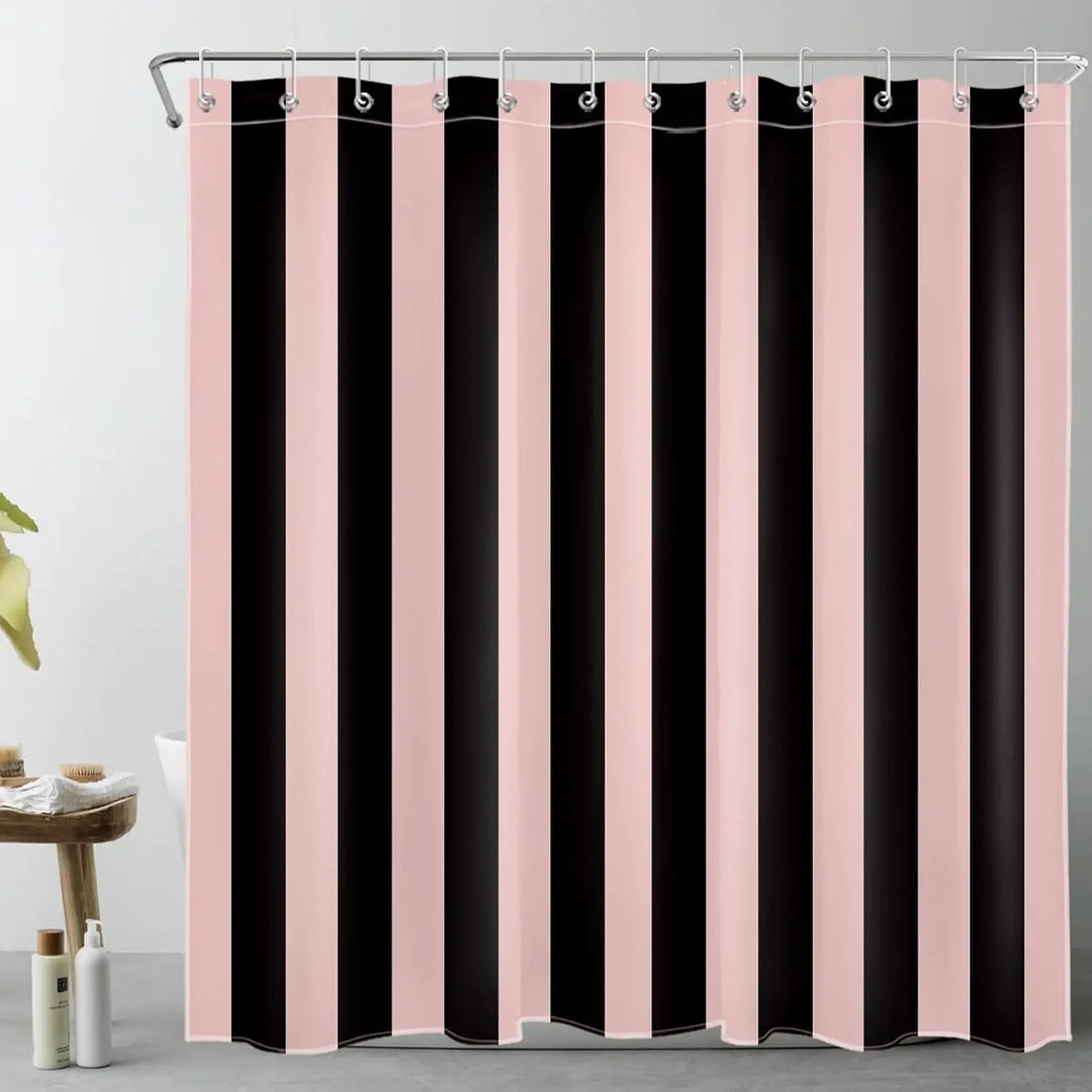 Boho fabric shower curtain with vibrant stripes, water repellent and elegant bathroom accent.