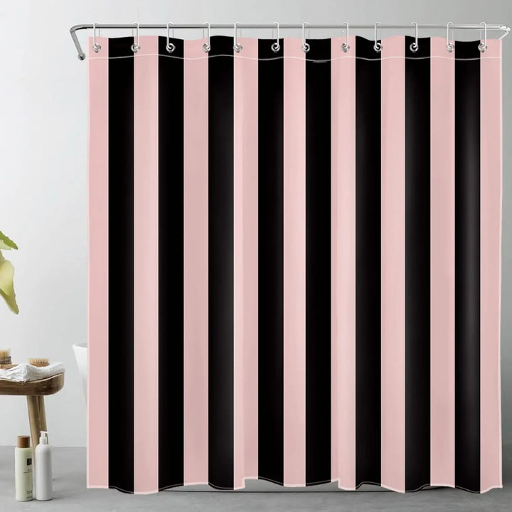 Boho fabric shower curtain with vibrant stripes, water repellent and elegant bathroom accent.