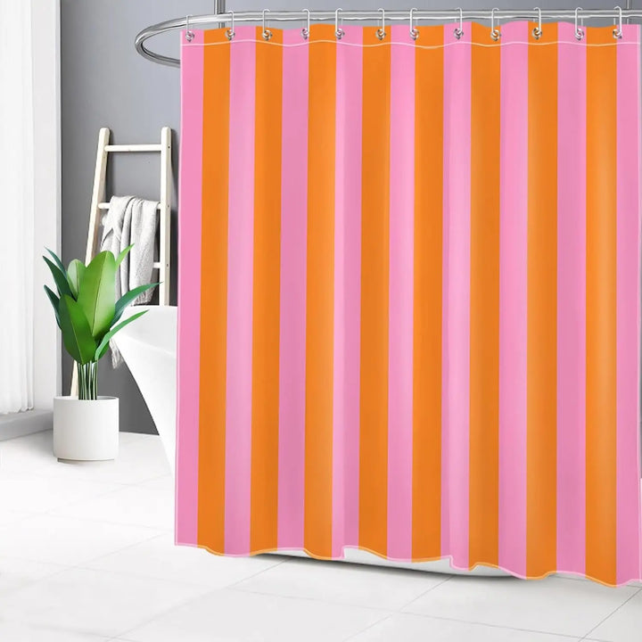 Striped fabric shower curtain featuring a chic boho design, water repellent for any bathroom.