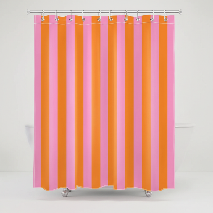 Water repellent fabric shower curtain with a unique boho striped pattern, modern home decor.