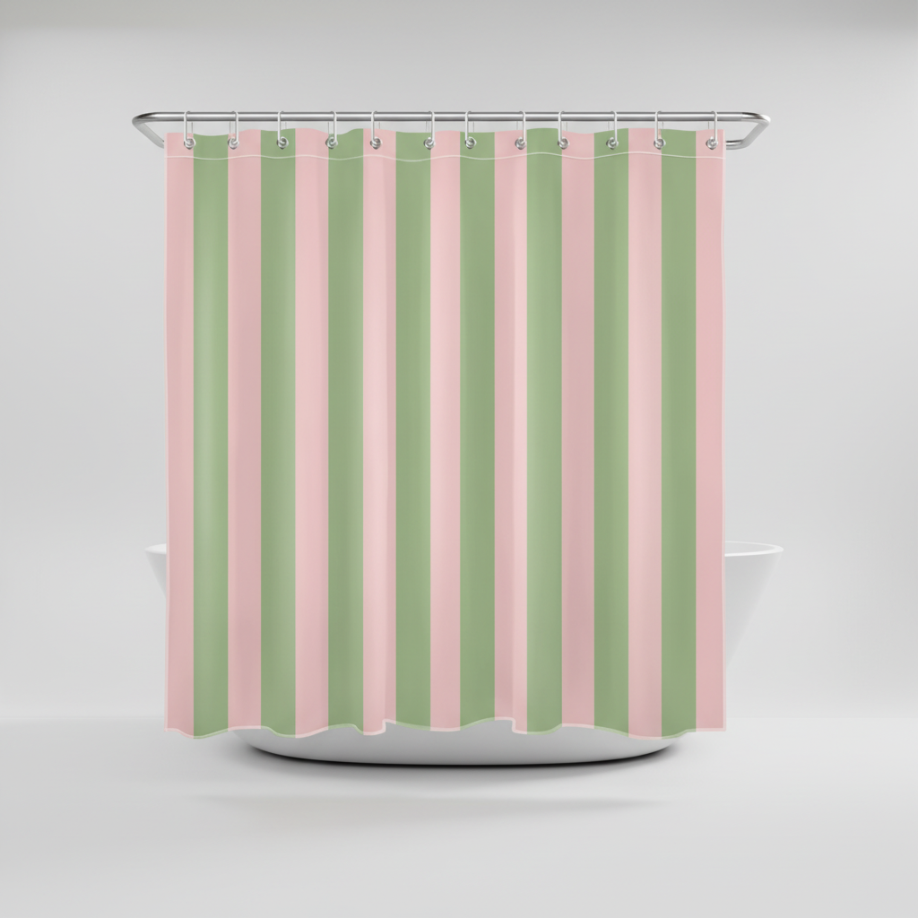 Vibrant boho striped shower curtain, fabric & water repellent, enhancing bathroom aesthetic.