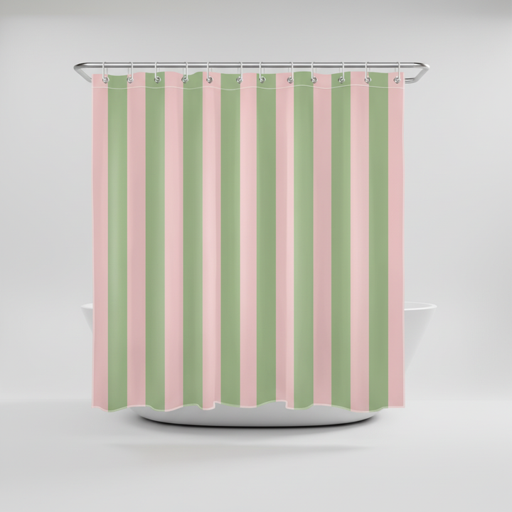 Vibrant boho striped shower curtain, fabric & water repellent, enhancing bathroom aesthetic.
