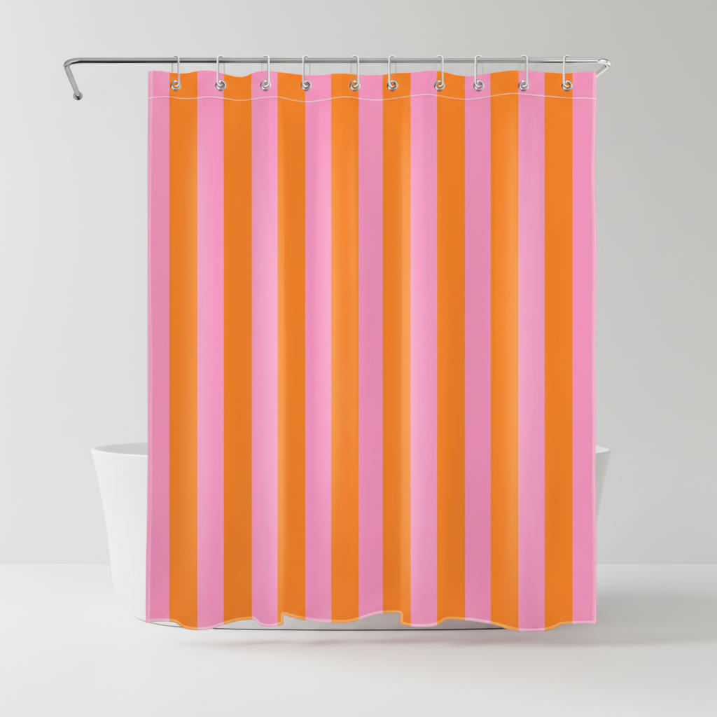 Designer fabric shower curtain, boho stripes, water repellent for a fresh, clean bathroom look.