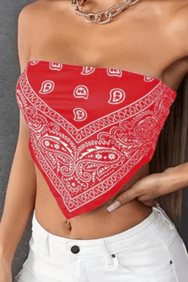 Bold red paisley bandeau top for women. Strapless summer style tube top, perfect for casual or festival wear.