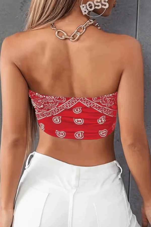 Women's asymmetrical paisley bandeau top. Retro strapless tube top in red, ideal for summer fashion & festivals.