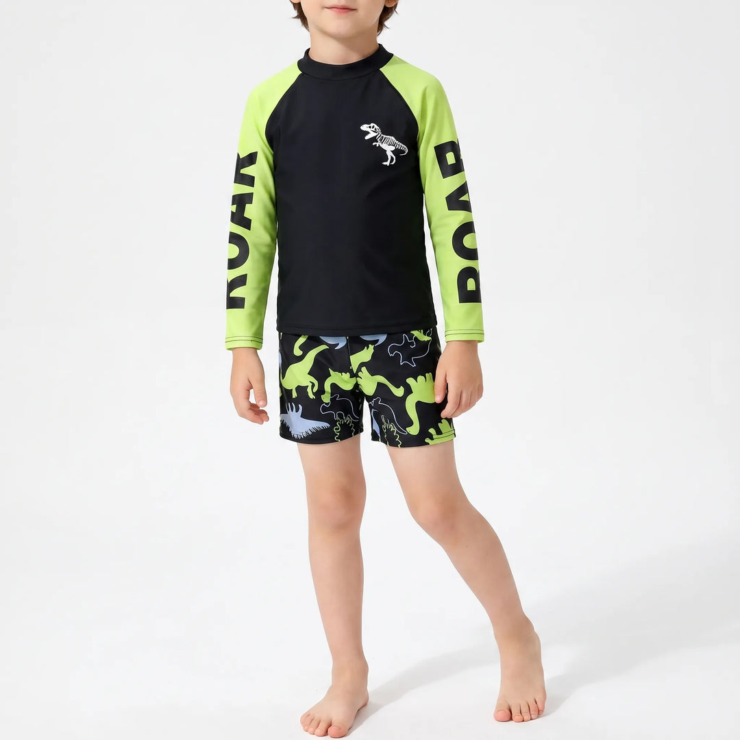 Kids' long sleeve dinosaur rash guard swim set, 2-piece, offering UV protection for boys at the beach or pool.