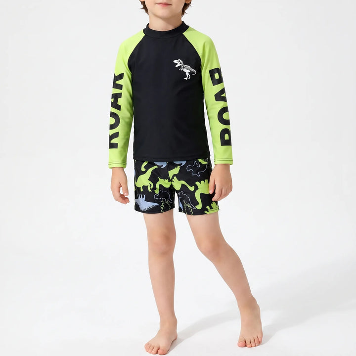 Kids' long sleeve dinosaur rash guard swim set, 2-piece, offering UV protection for boys at the beach or pool.