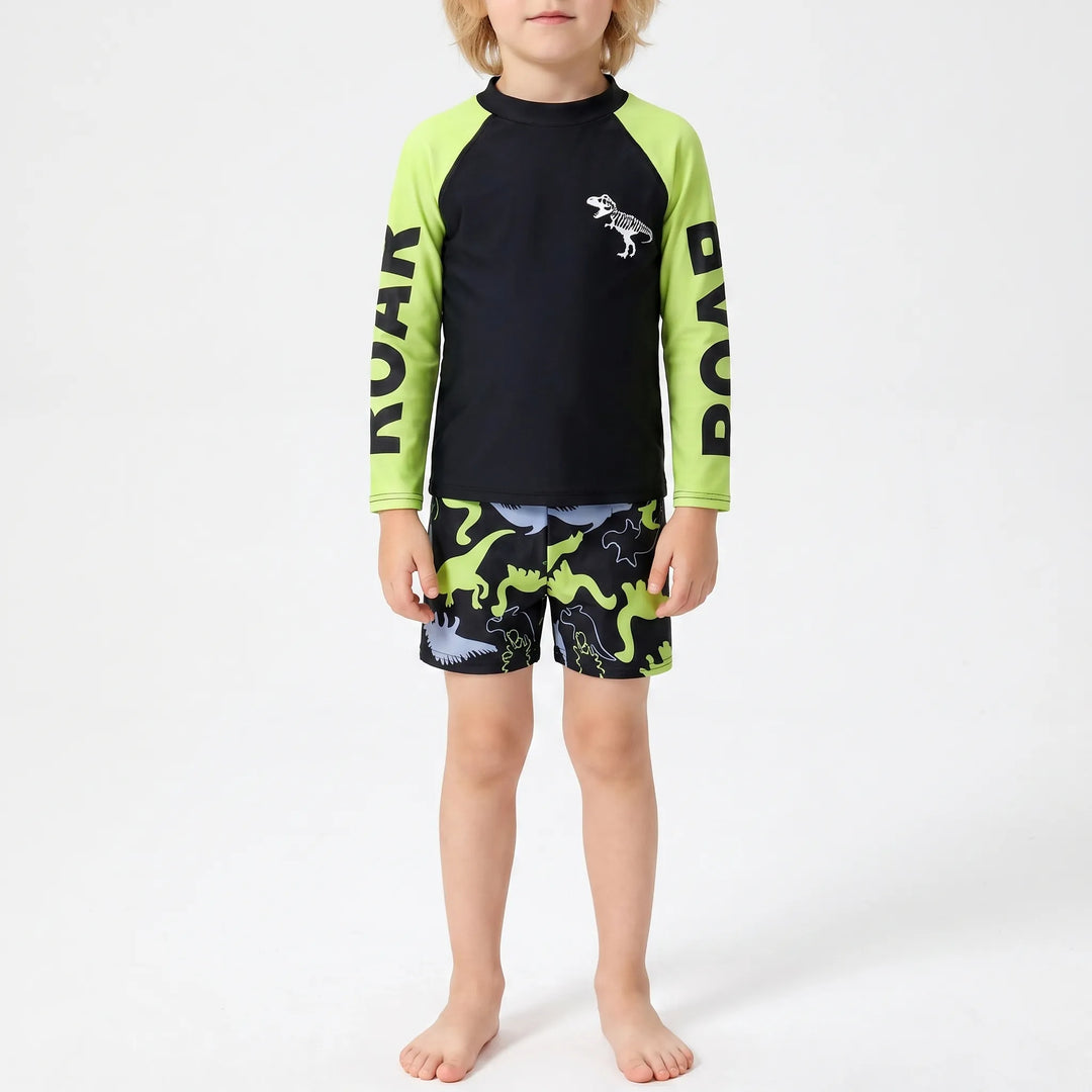 Active boys' dinosaur rash guard and swim shorts set for summer fun, ideal for beach trips & pool play.