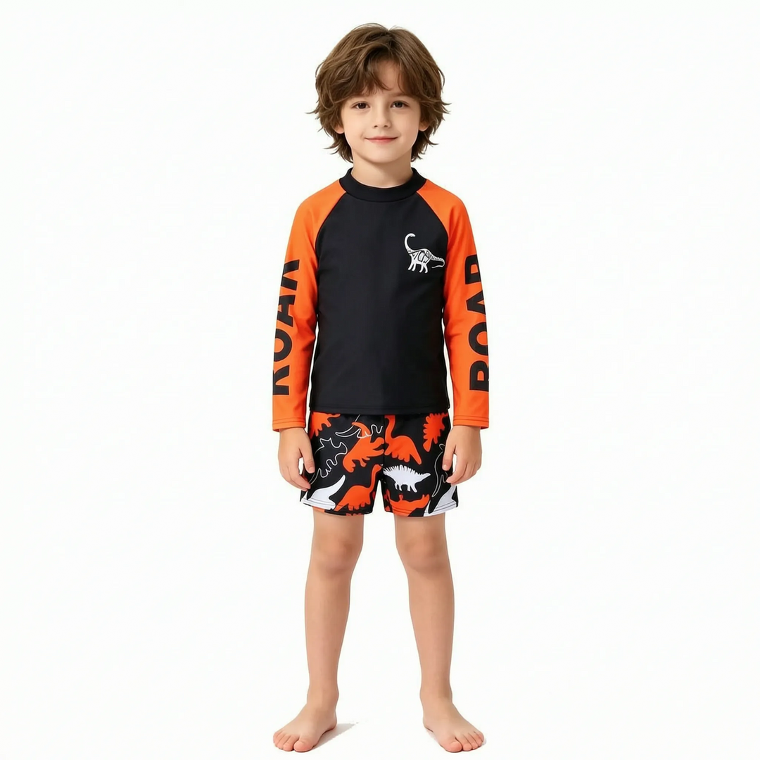 Children's dinosaur rash guard swim set, 2-piece, ensuring sun protection & style for boys at the pool or beach.