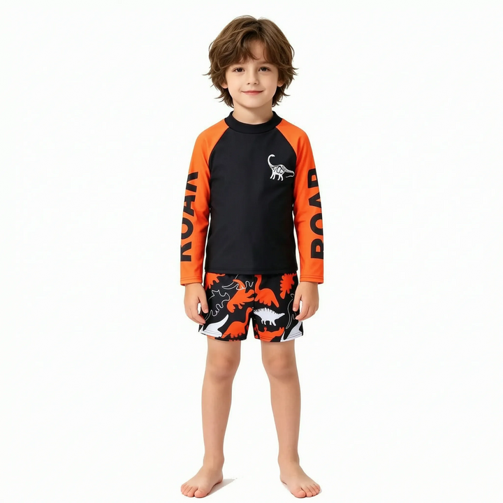 Children's dinosaur rash guard swim set, 2-piece, ensuring sun protection & style for boys at the pool or beach.