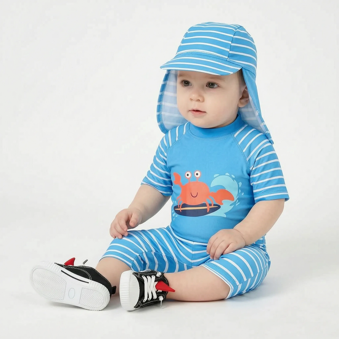 Durable cartoon boys' swim set with UPF 50+ sun hat. Quick-dry UV protection swimwear for active toddlers' summer.